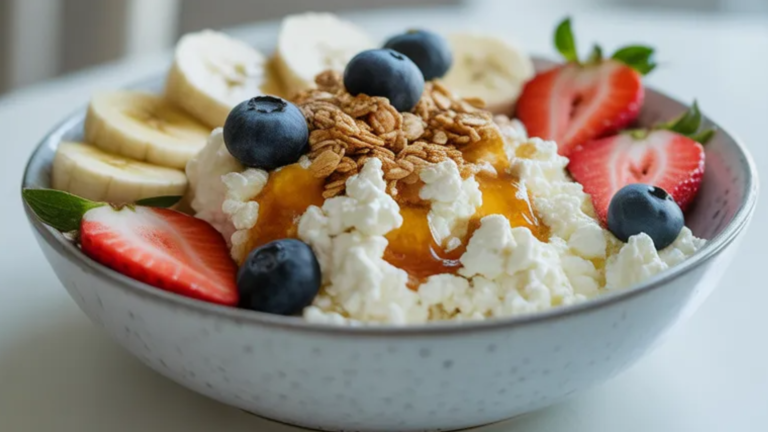 A realistic high-protein cottage cheese bowl in a white ceramic bowl topped with fresh strawberries, blueberries, banana slices, granola, and honey on a clean white table with natural light.