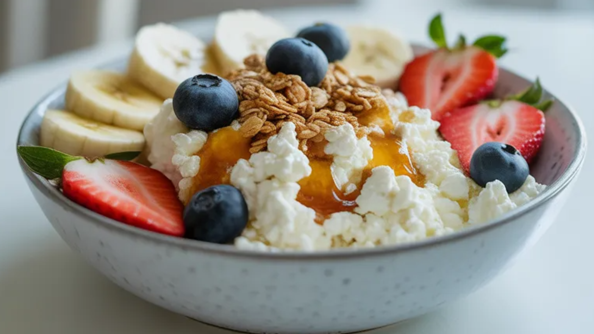 A realistic high-protein cottage cheese bowl in a white ceramic bowl topped with fresh strawberries, blueberries, banana slices, granola, and honey on a clean white table with natural light.
