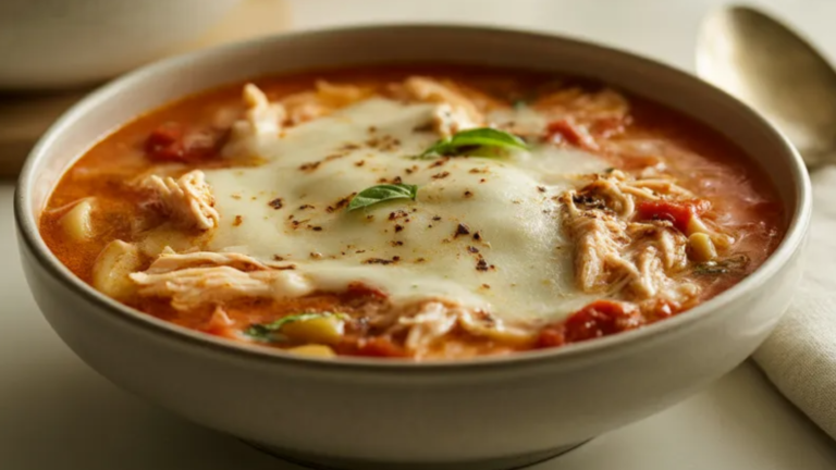 Close-up of crock pot chicken parmesan soup with melted cheese and fresh basil garnish
