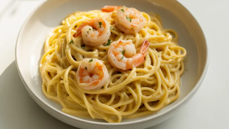 Creamy garlic butter shrimp pasta served in a white bowl on a clean white table with soft natural lighting and no harsh shadows