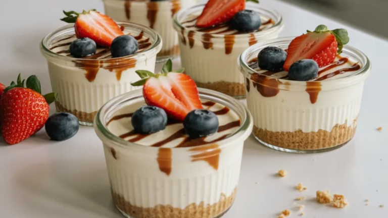 No-bake cheesecake cups in glass jars with biscuit crust and creamy filling topped with fresh strawberries and blueberries on a white table