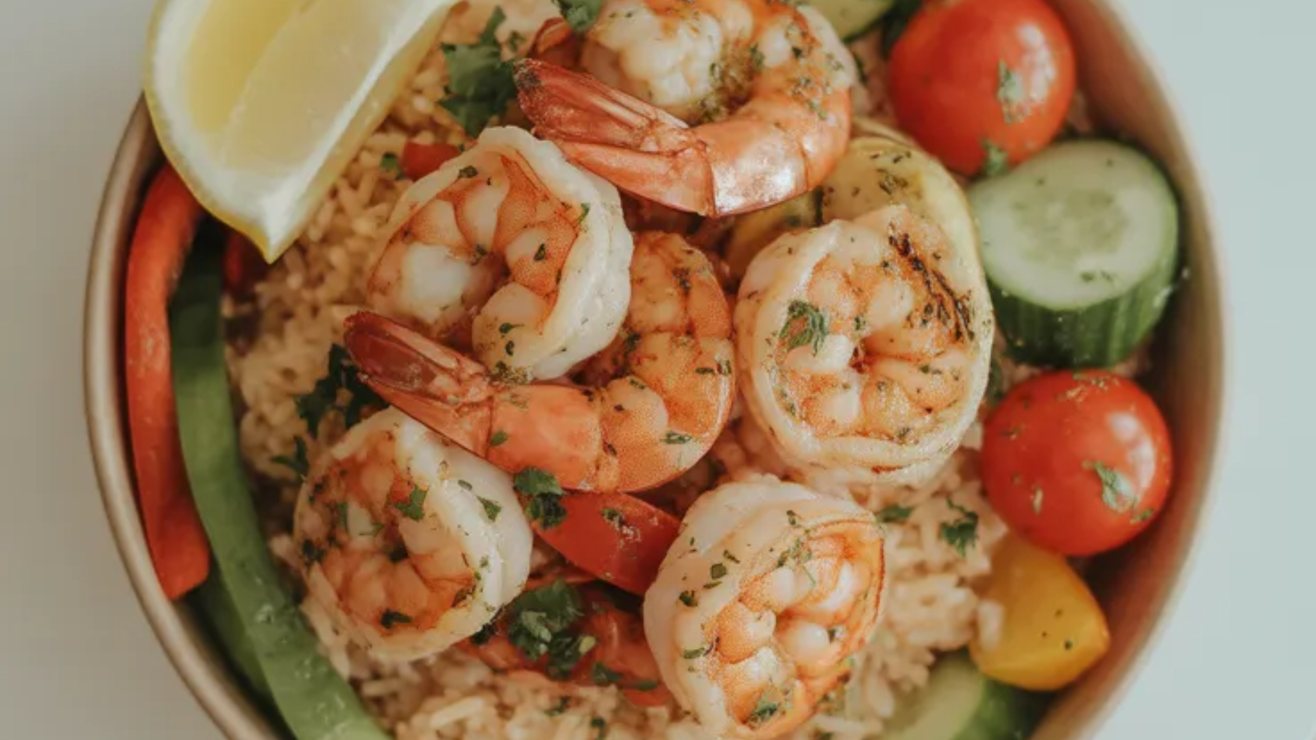 A colorful grilled shrimp rice bowl with cherry tomatoes, cucumber, red bell pepper, and a lemon wedge, served on a white table.