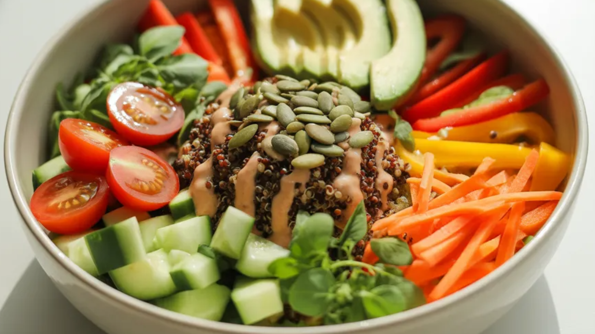 “Colorful quinoa and veggie power bowl with cherry tomatoes, cucumber, carrot, bell peppers, avocado, and pumpkin seeds on a white table, styled like a food blog photo”