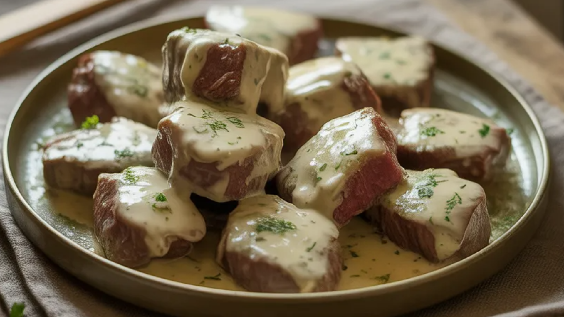 Creamy garlic butter steak bites served in a white bowl with rich creamy sauce and fresh parsley on top