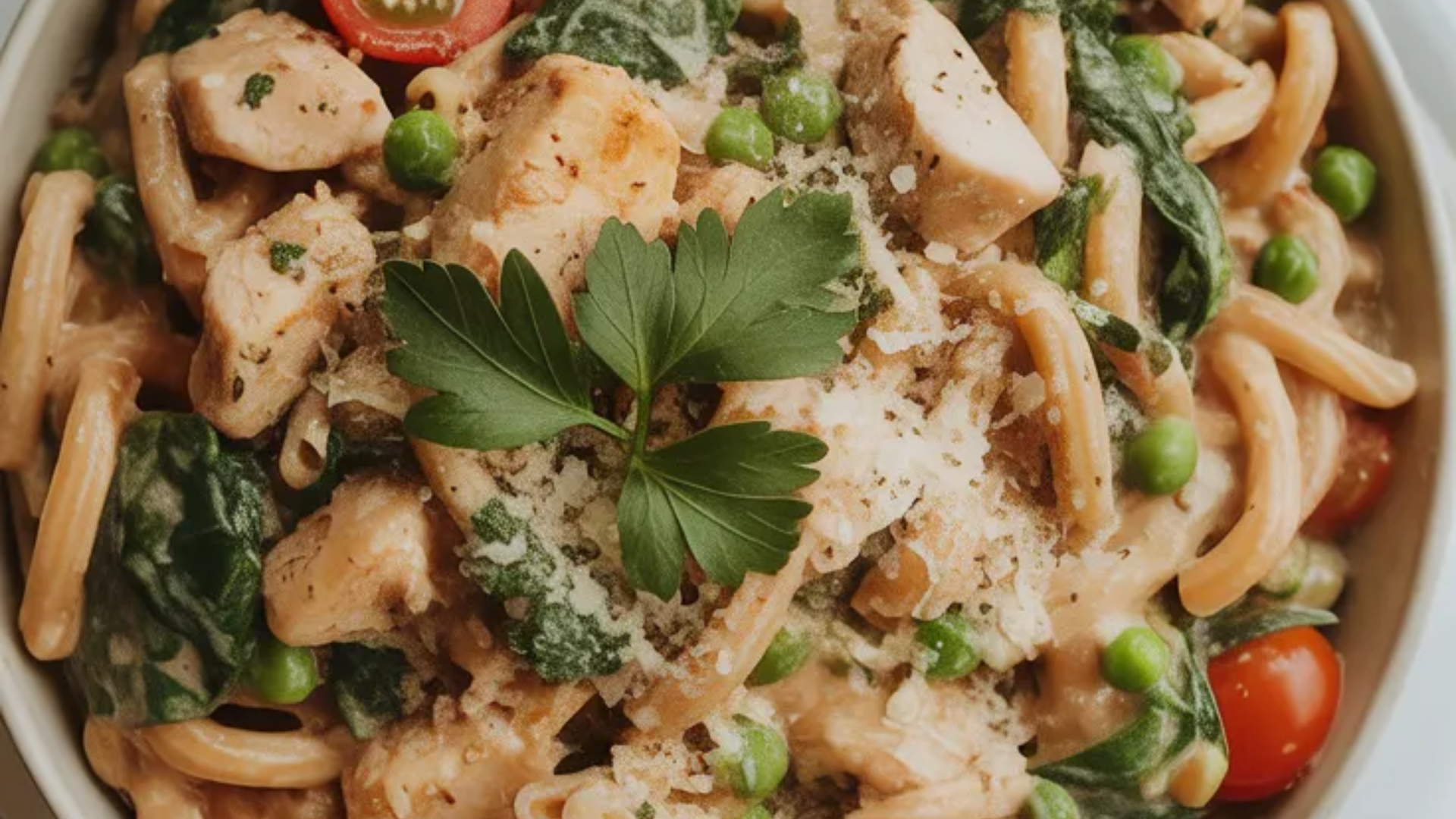 Bowl of creamy high-protein pasta with chicken, spinach, peas, and cherry tomatoes on a white table, garnished with Parmesan and parsley