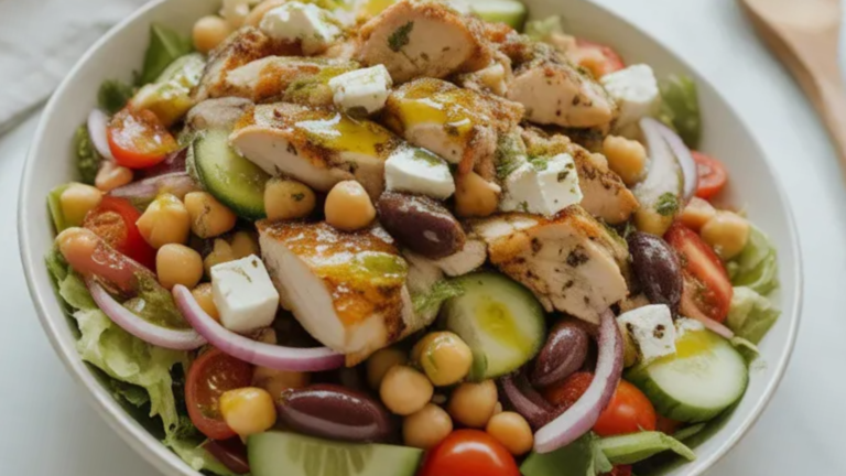 A realistic photo of a High Protein Greek Salad in a white bowl on a bright white table, filled with chicken, chickpeas, cucumbers, tomatoes, olives, and feta cheese, styled with natural light and a clean food blog aesthetic.