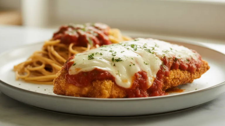 Crispy Air Fryer Chicken Parmesan topped with melted mozzarella and marinara sauce served on a white plate with spaghetti on a clean white table.