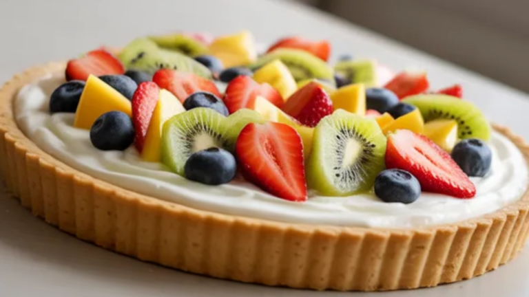 No-bake Greek yogurt fruit tart with fresh strawberries blueberries kiwi and mango on a white table