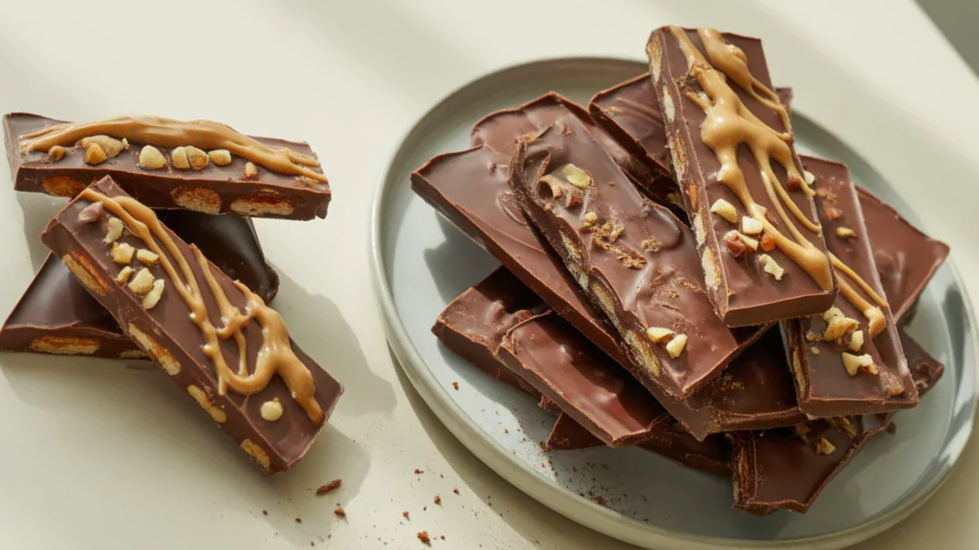 Chocolate date bark pieces on a white table with nuts and peanut butter drizzle