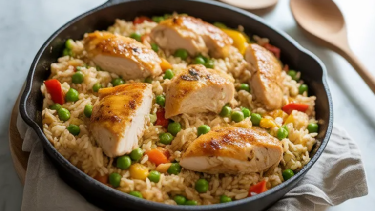 A realistic Chicken and Rice Skillet served in a pan on a white table with golden chicken, fluffy rice, peas, and bell peppers in natural lighting.