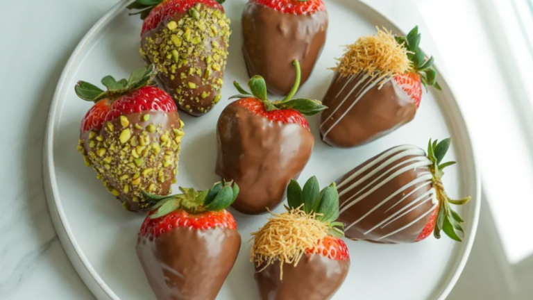Dubai chocolate strawberries arranged neatly on a white marble table with white chocolate drizzle and crunchy golden toppings.