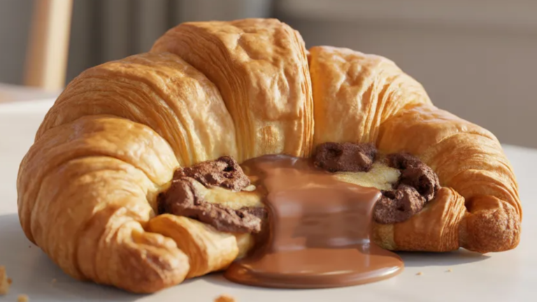 Golden flaky cookie croissant filled with gooey chocolate chip cookie dough on a white table with soft natural lighting