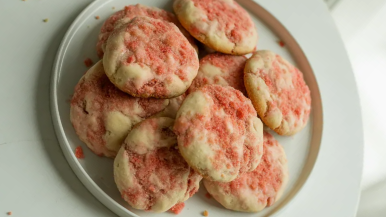 Alt Text: Close-up of homemade strawberry crunch cookies on a white plate on a clean white table, soft cookies with crispy pink strawberry topping