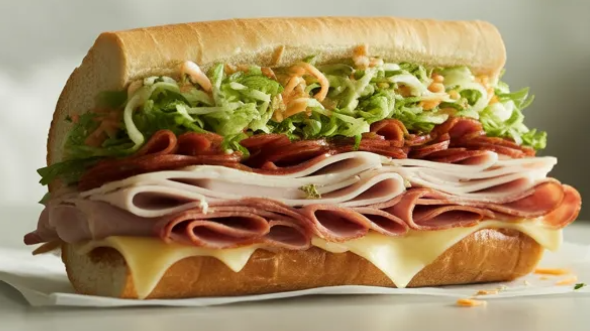 Viral grinder sandwich with deli meats, melted cheese, and creamy lettuce salad on a white table