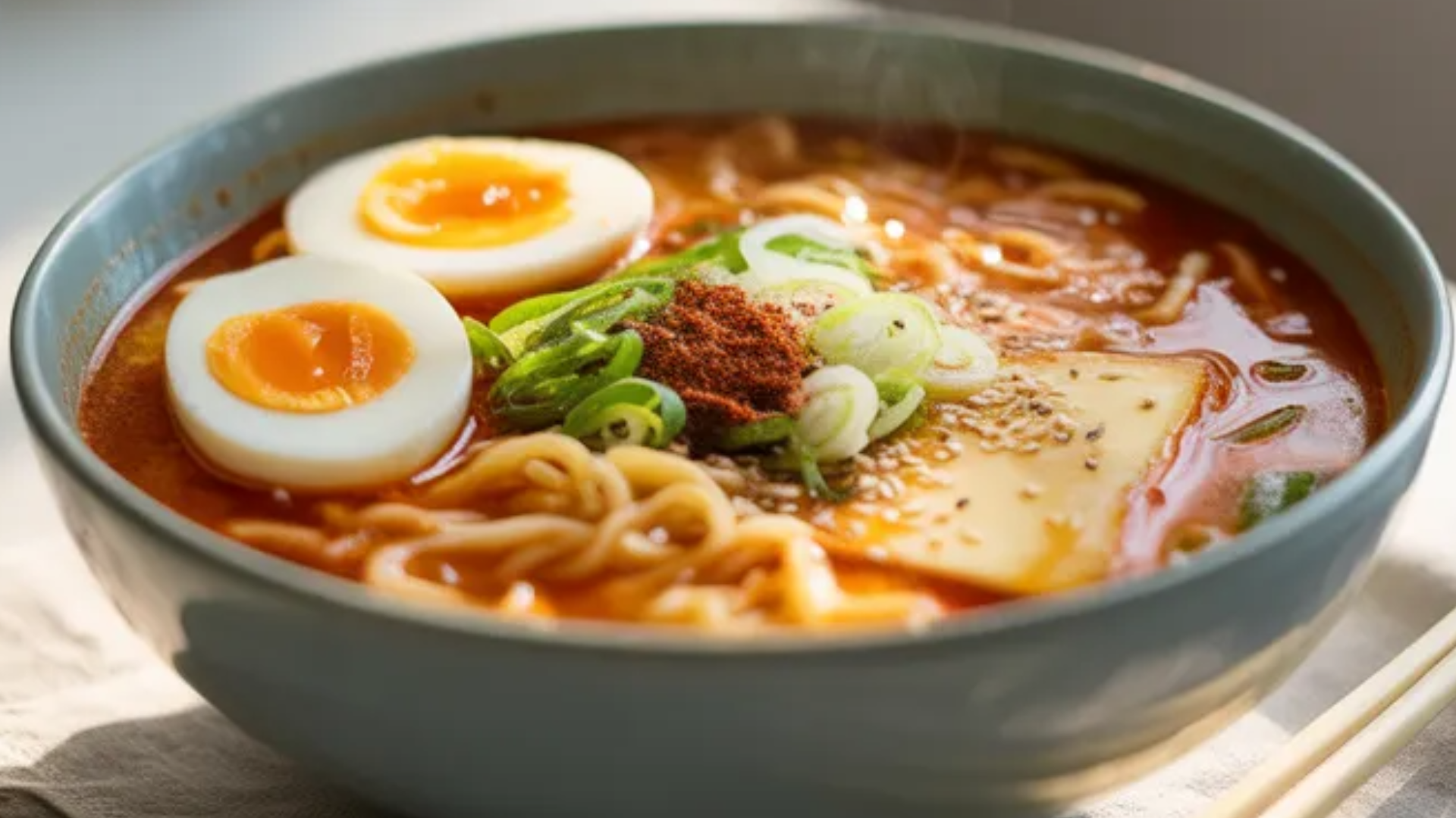 A realistic bowl of spicy ramen on a white table topped with a soft-boiled egg, green onions, sesame seeds, and creamy spicy broth.