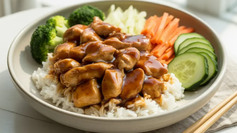 A realistic teriyaki chicken bowl served with rice, broccoli, carrots, and cucumbers on a white table with natural lighting.