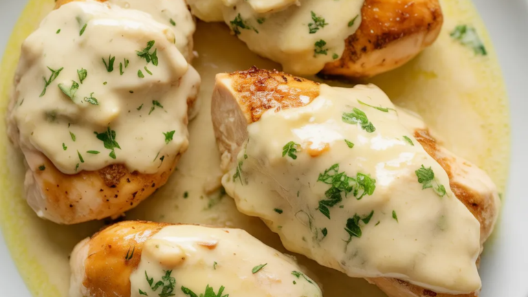 Juicy garlic butter chicken served on a white plate with creamy sauce and fresh parsley on a bright white table