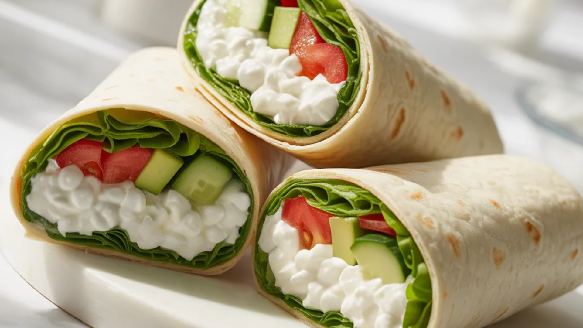 Cottage cheese wraps cut in half on a white table with fresh vegetables and soft natural lighting