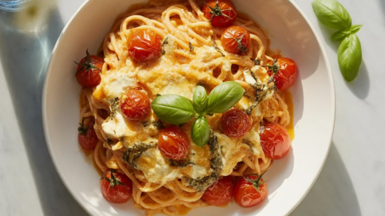 Creamy baked feta pasta served in a white bowl with roasted cherry tomatoes, melted feta cheese, and fresh basil on top on a white marble table.