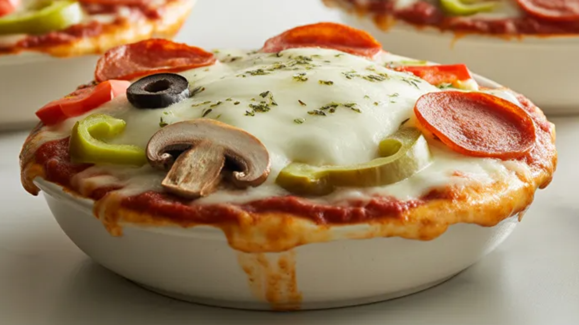 Low-carb pizza bowls in white ceramic dishes topped with melted mozzarella cheese, pepperoni, mushrooms, olives, and bell peppers on a clean white table