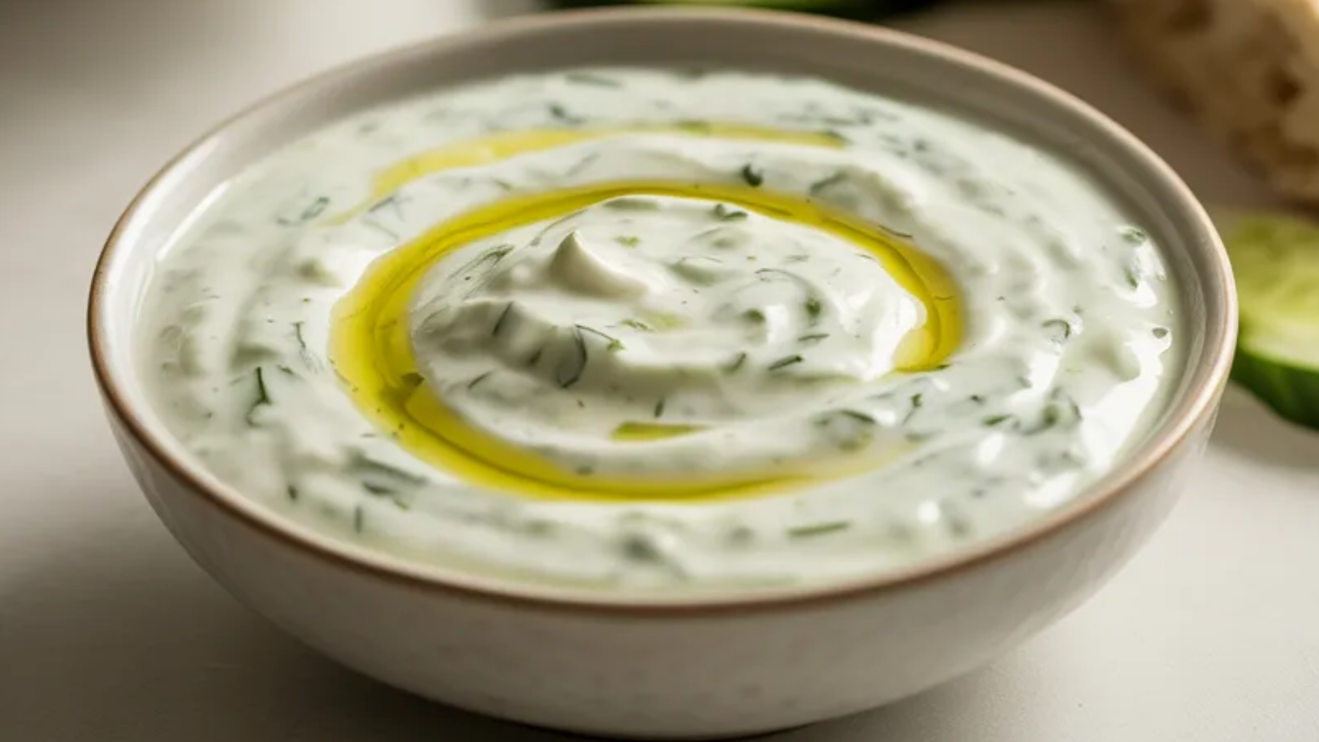 Creamy Greek yogurt sauce (tzatziki) in a white bowl on a clean white table with cucumber slices and pita bread, natural soft lighting