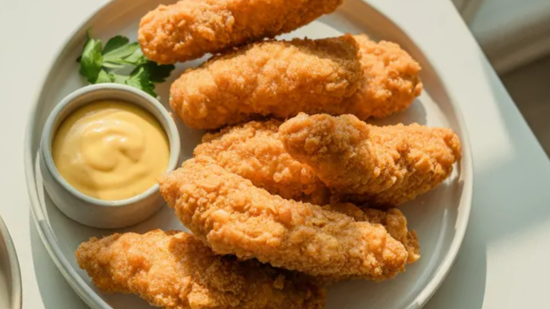Golden crispy chicken tenders served on a white plate with dipping sauce on a clean white table in soft natural light