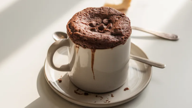 A realistic chocolate mug cake served in a white mug on a clean white table with soft natural light and a spoon beside it.