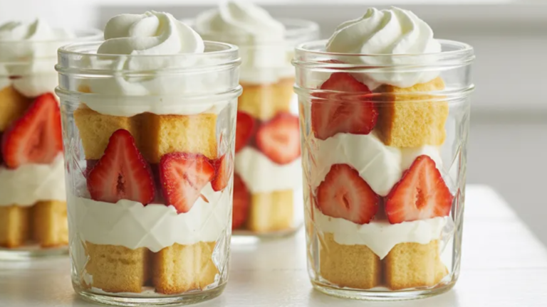 Glass jars filled with layered strawberry shortcake dessert made of vanilla cake, fresh strawberries, and whipped cream on a clean white table.