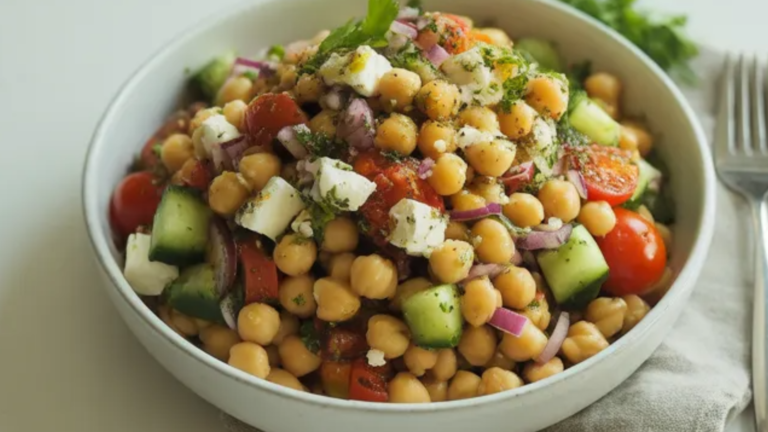 Mediterranean chickpea salad with cucumber, tomatoes, feta cheese, and parsley in a white bowl on a clean white table