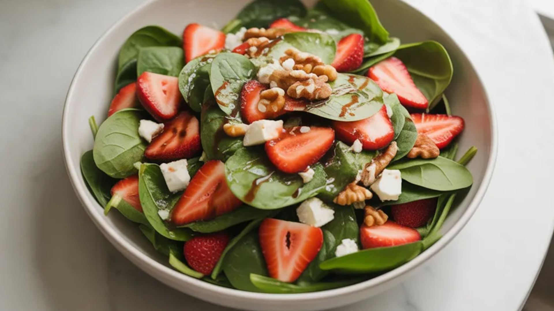 Fresh Strawberry Spinach Salad in a white bowl with spinach leaves, sliced strawberries, feta cheese, walnuts, and light balsamic dressing on a white table.