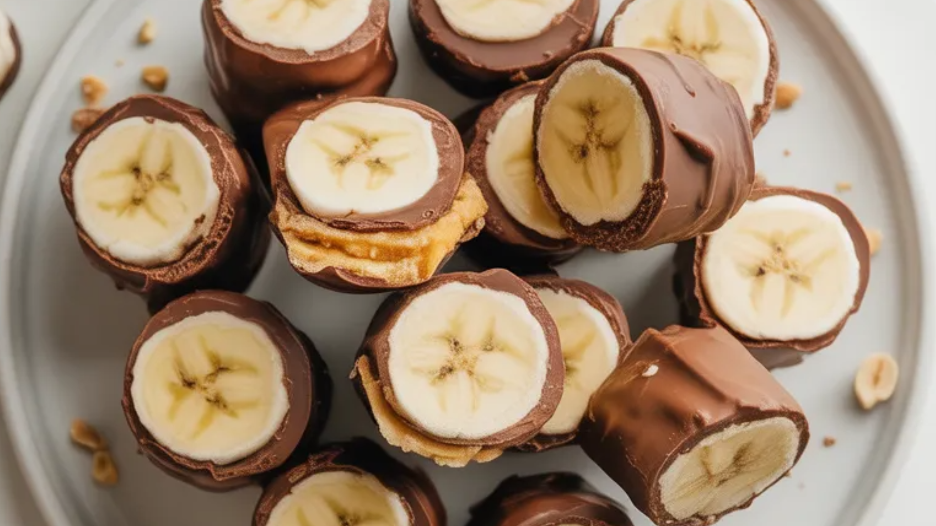 Frozen banana Snickers bites coated in chocolate and sprinkled with chopped peanuts, served on a white plate with soft natural light.