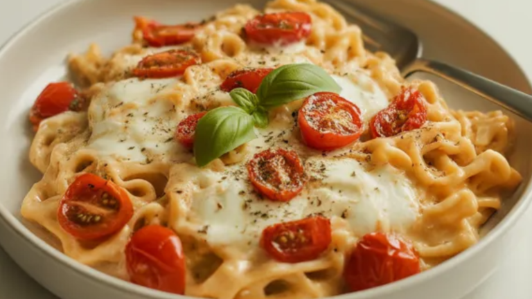 Creamy baked feta pasta with roasted cherry tomatoes in a white bowl on a clean white table, topped with fresh basil.