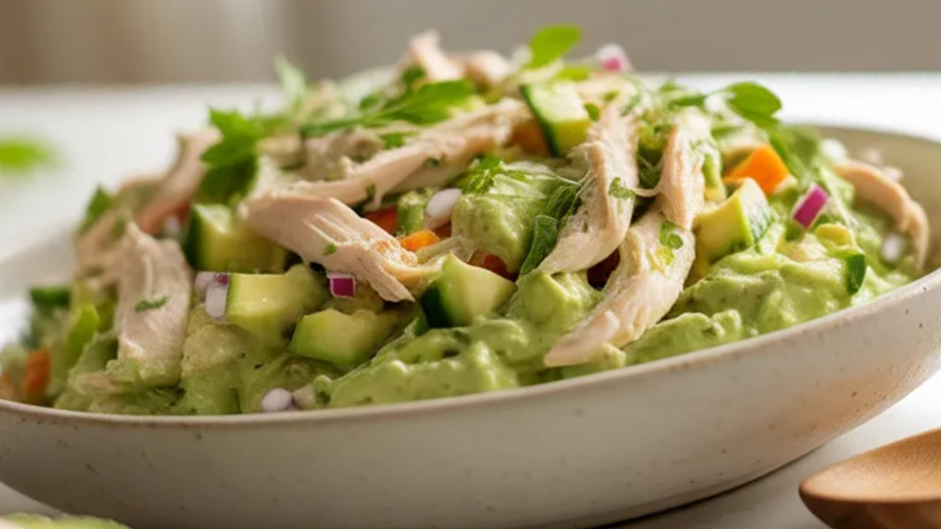 Close-up of a healthy avocado chicken salad made with shredded chicken, mashed avocado, cucumber, and herbs in a minimal food blogger style setup.
