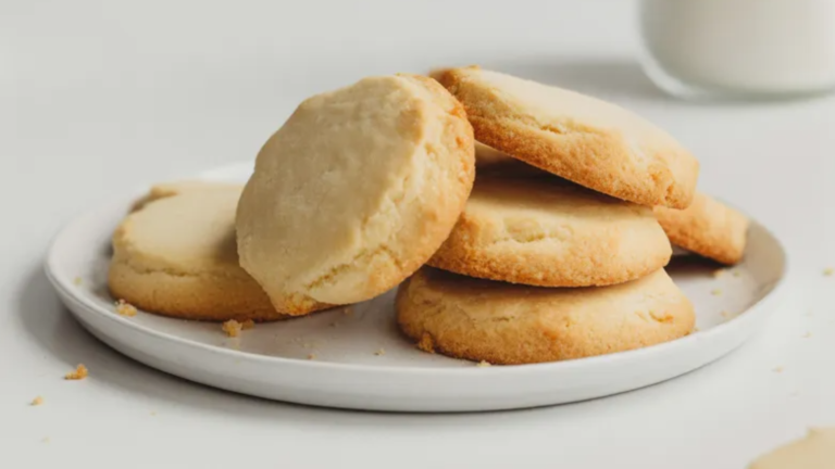 Soft homemade butter biscuit cookies on a white plate, simple 3-ingredient recipe, golden and freshly baked.