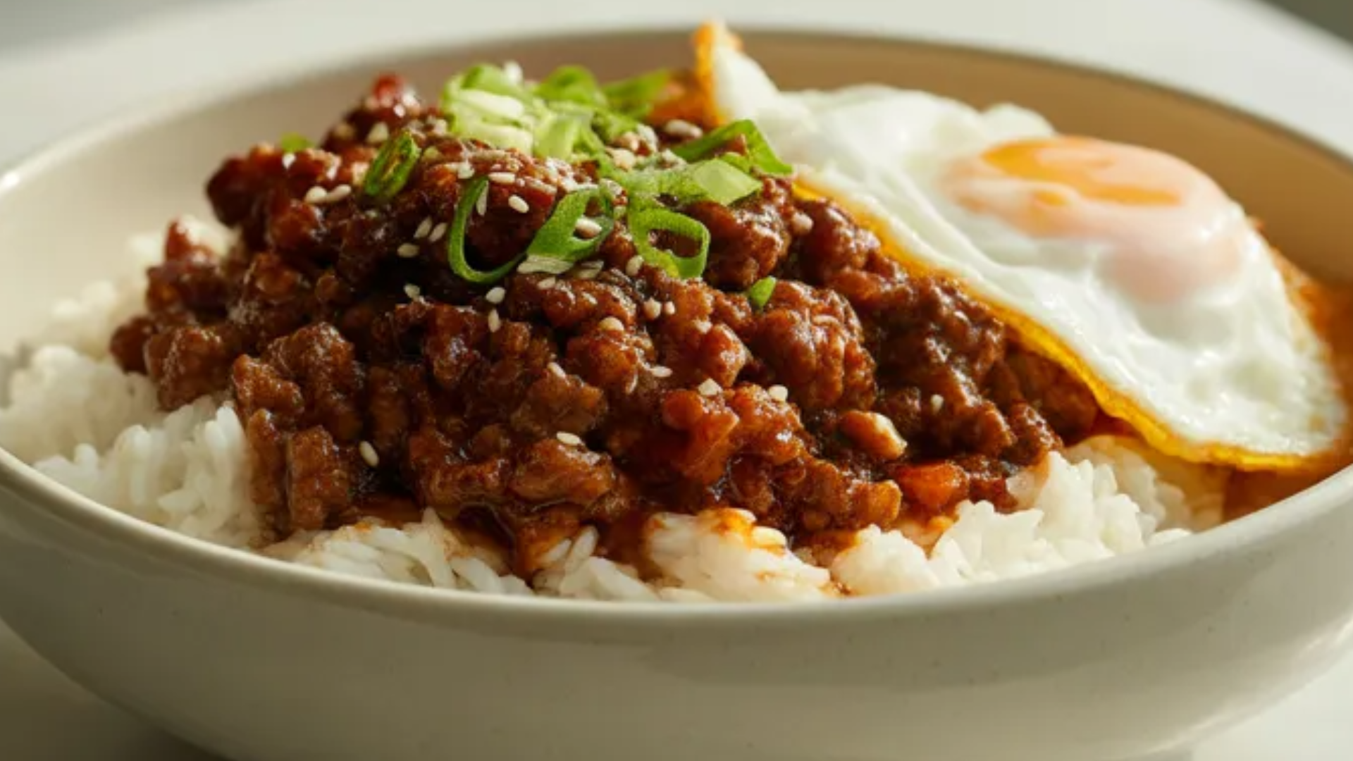 A realistic Korean Ground Beef Bowl served in a white bowl with seasoned ground beef over fluffy rice, topped with green onions, sesame seeds, and a fried egg on a white marble table with natural soft lighting.