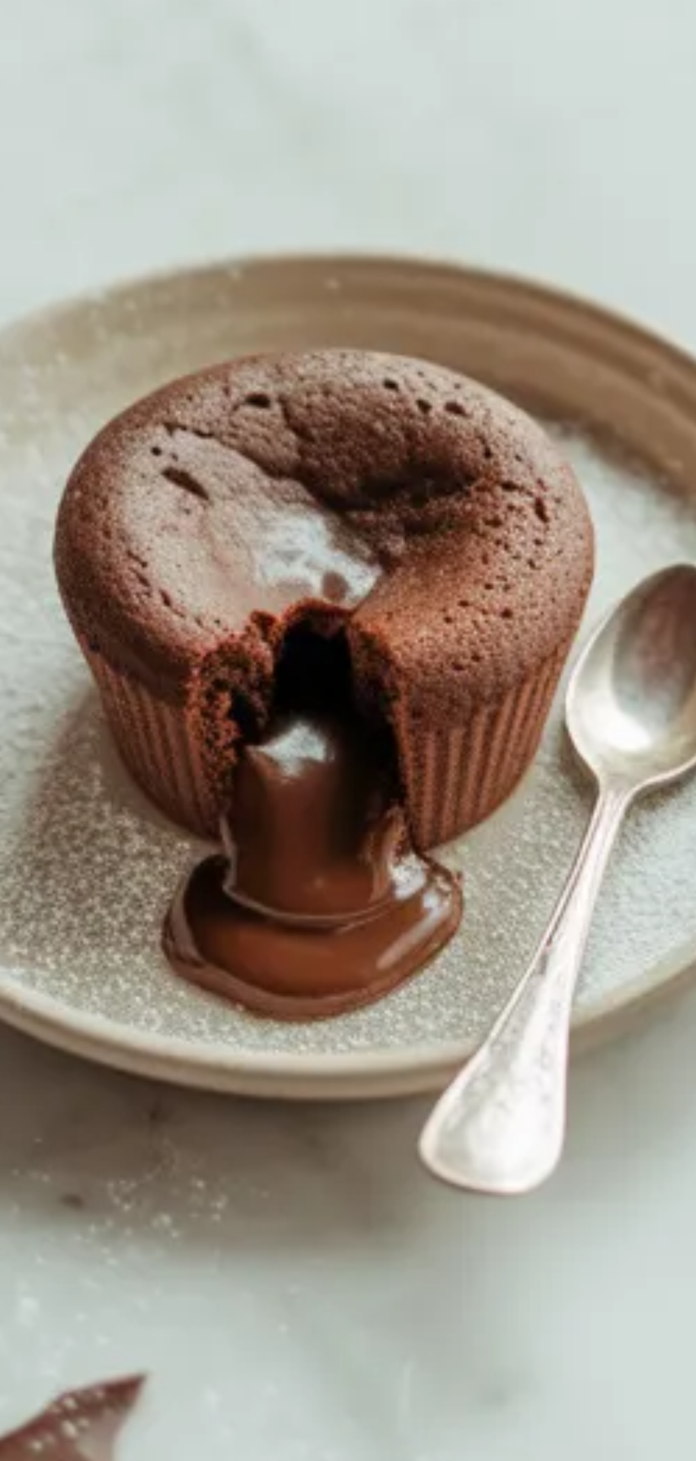 Chocolate lava cake dessert on a white plate with warm flowing center, natural soft lighting and minimal clean background

