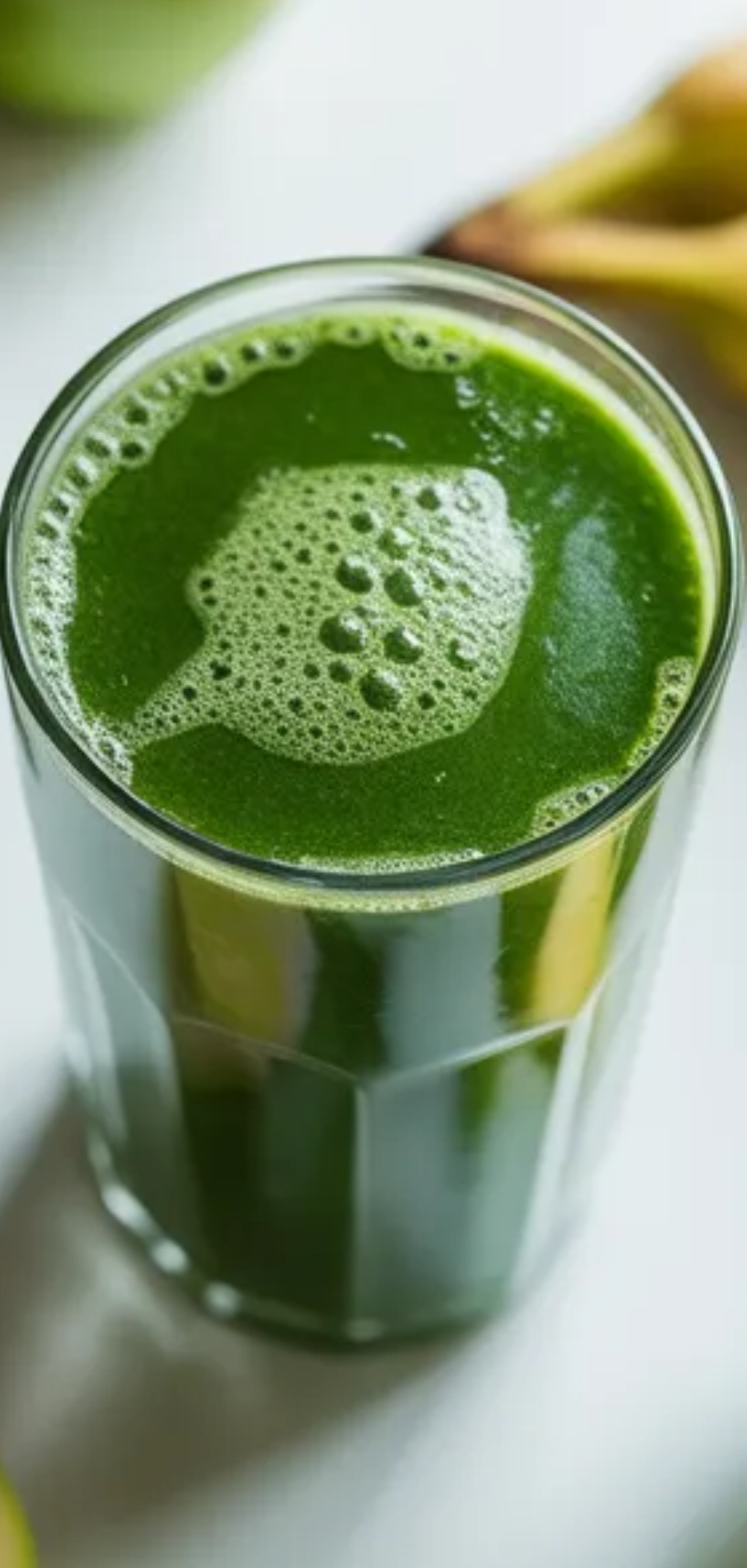 Creamy green detox smoothie with spinach and banana served in a glass on a minimal white background