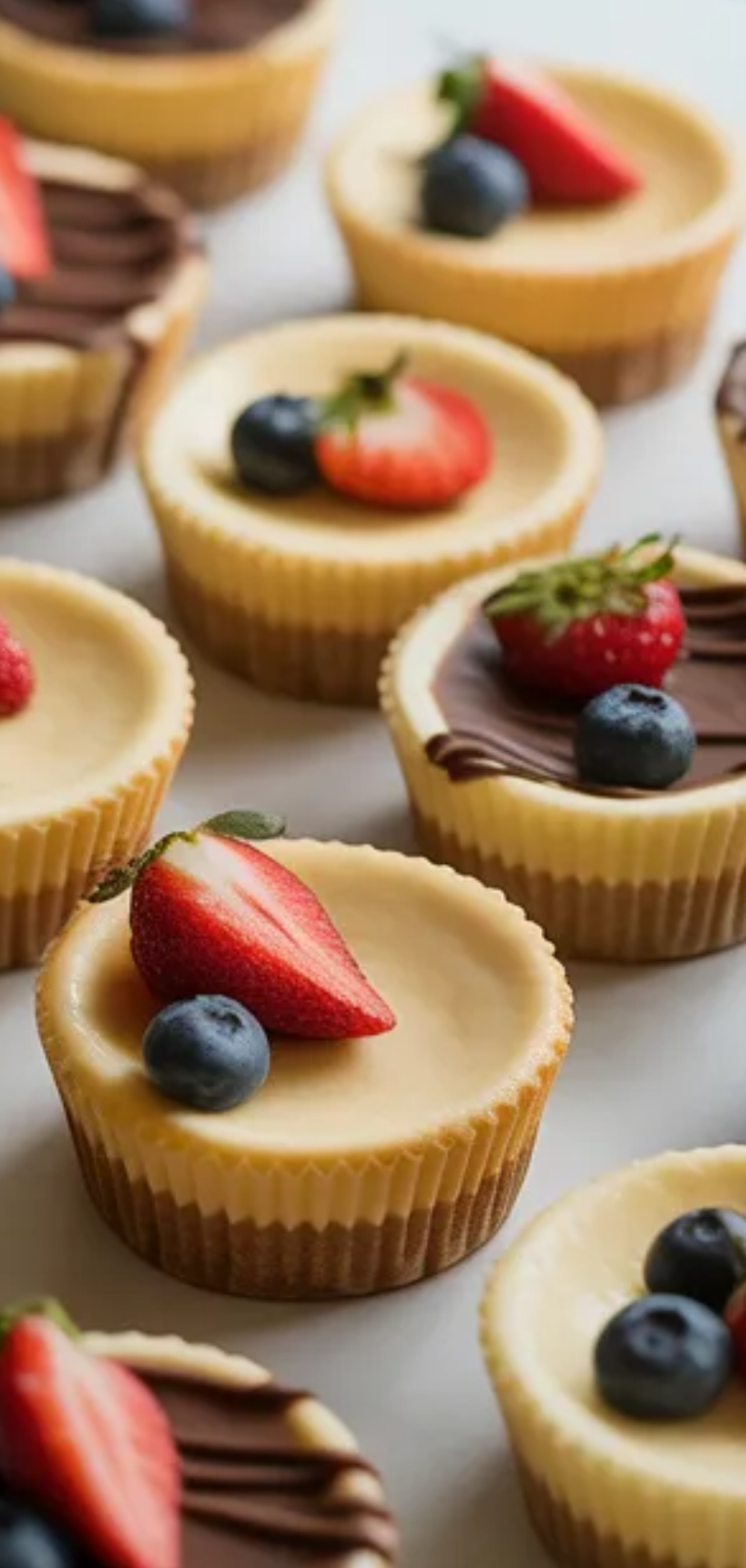 Homemade mini cheesecake cups in paper liners with crunchy base and creamy center, decorated with fresh berries on a minimal white table