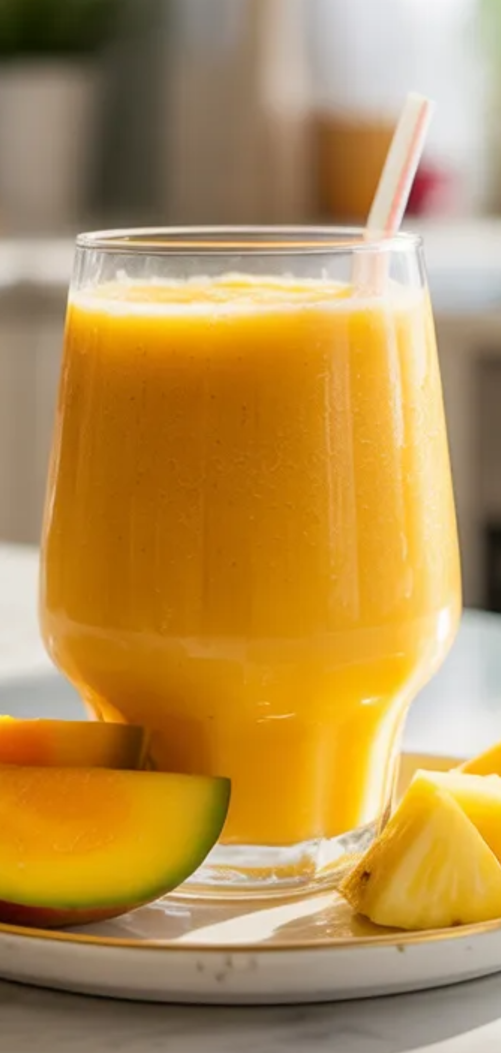 A Pinterest recipe pin design showing a refreshing mango pineapple smoothie on a white marble surface, decorated with mango and pineapple slices, and bold centered title text in a clean, modern food photography style.
