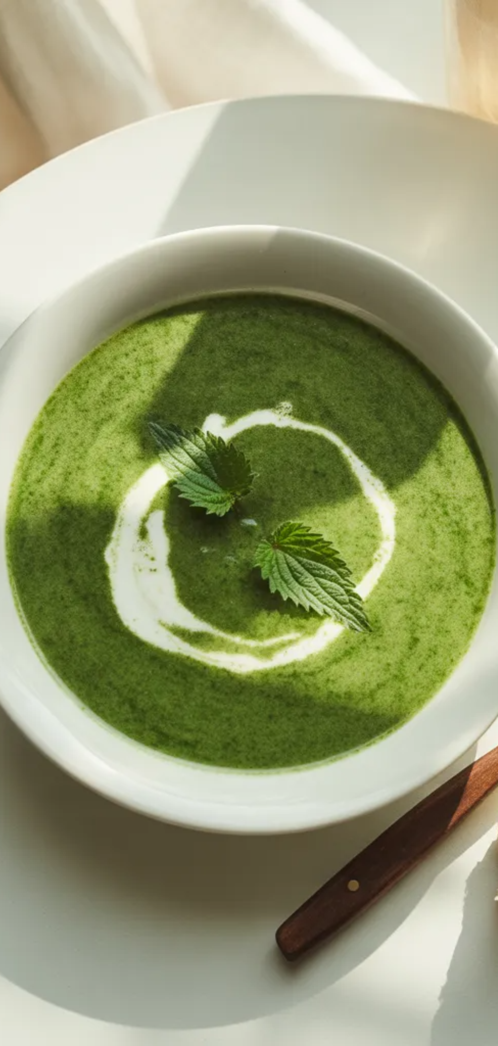 A bowl of creamy green nettle soup served on a white table with soft natural lighting and simple food styling