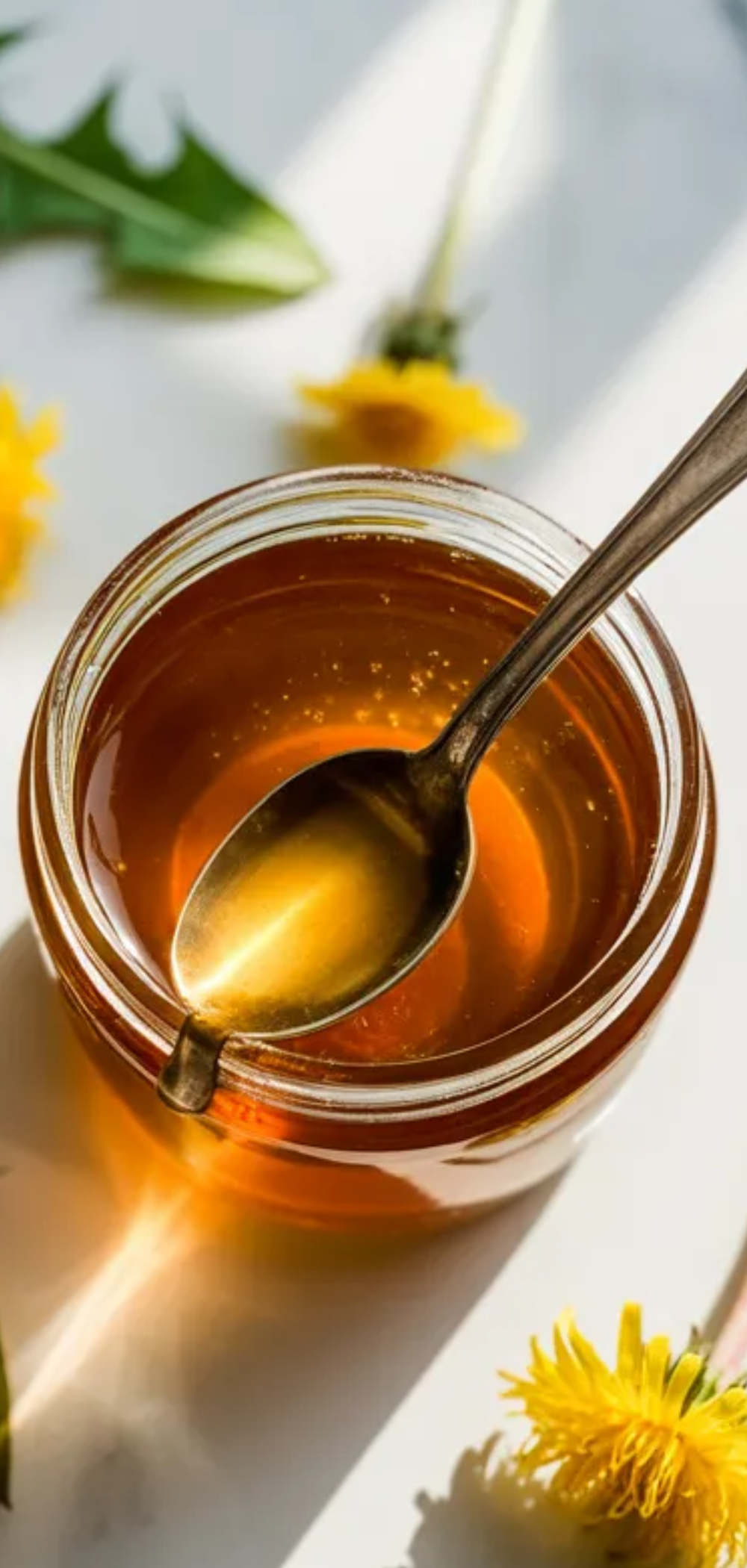 Aesthetic food photography of golden dandelion syrup in a jar, surrounded by small yellow flowers, with bold centered text overlay reading “Dandelion Honey” in a clean Pinterest layout.