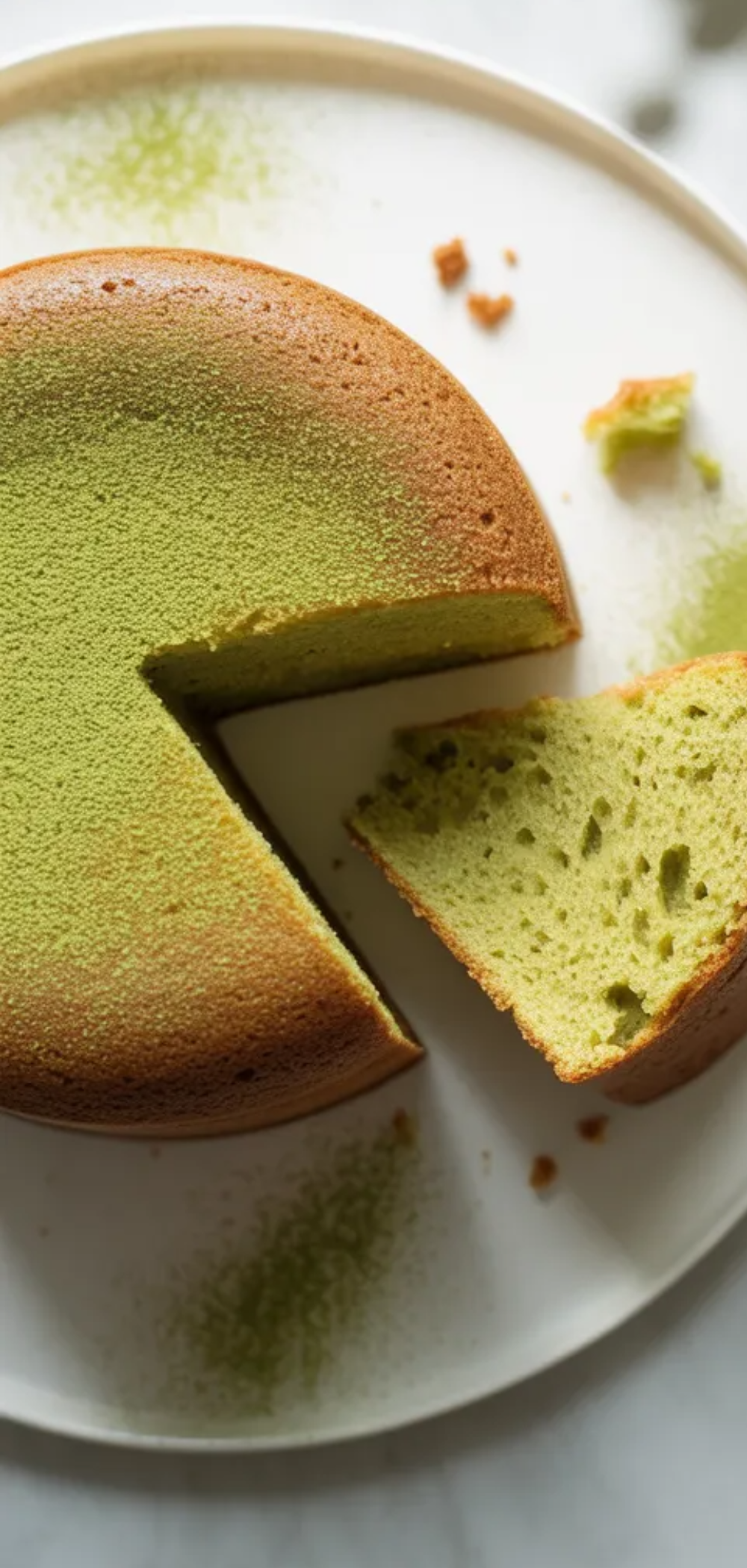 A minimalist food photo of a fluffy matcha cake slice on a white plate, styled on a clean bright table with soft natural lighting.
