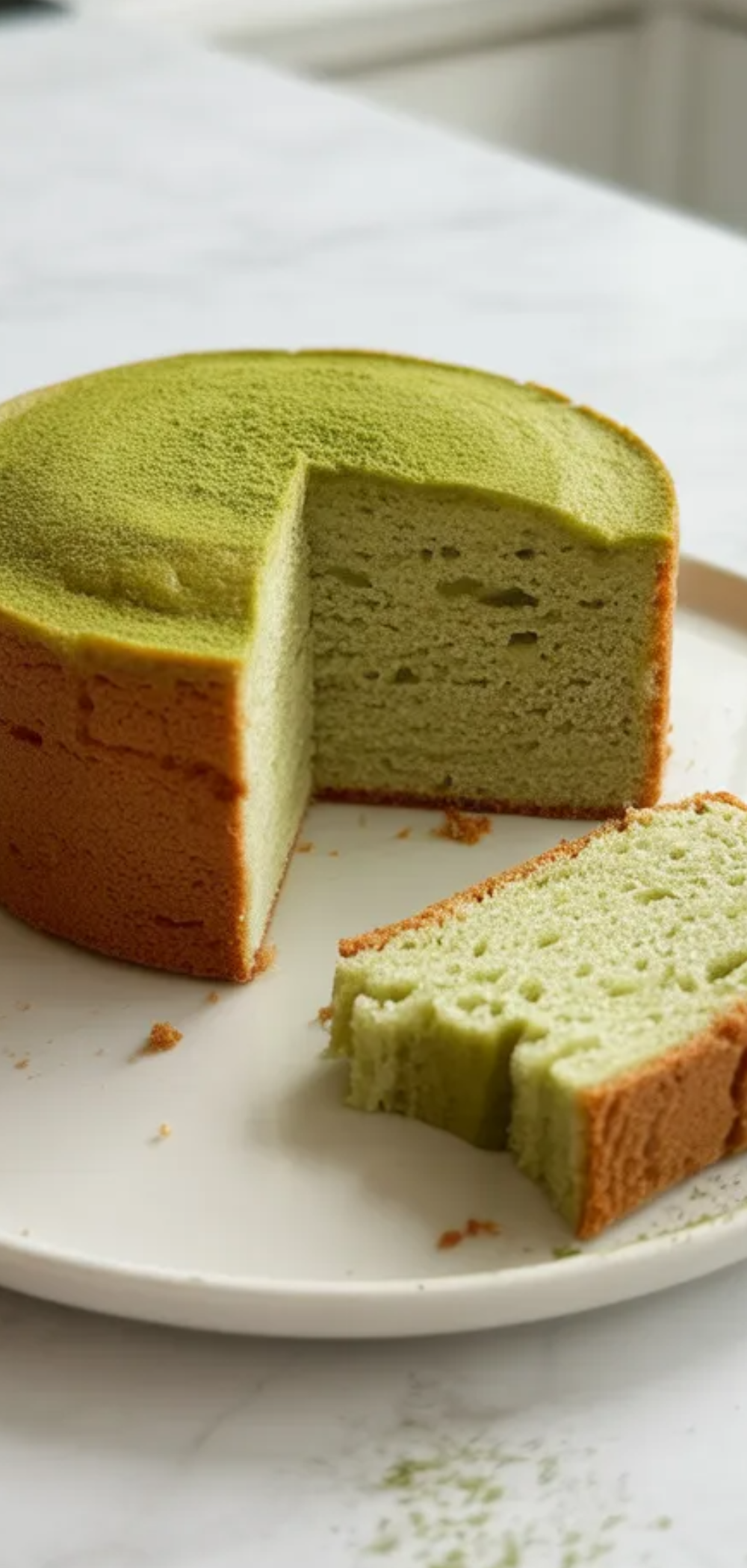 A realistic homemade matcha cake with a soft sponge texture and light green tea color, beautifully presented on a white plate with clean aesthetic styling and natural light.