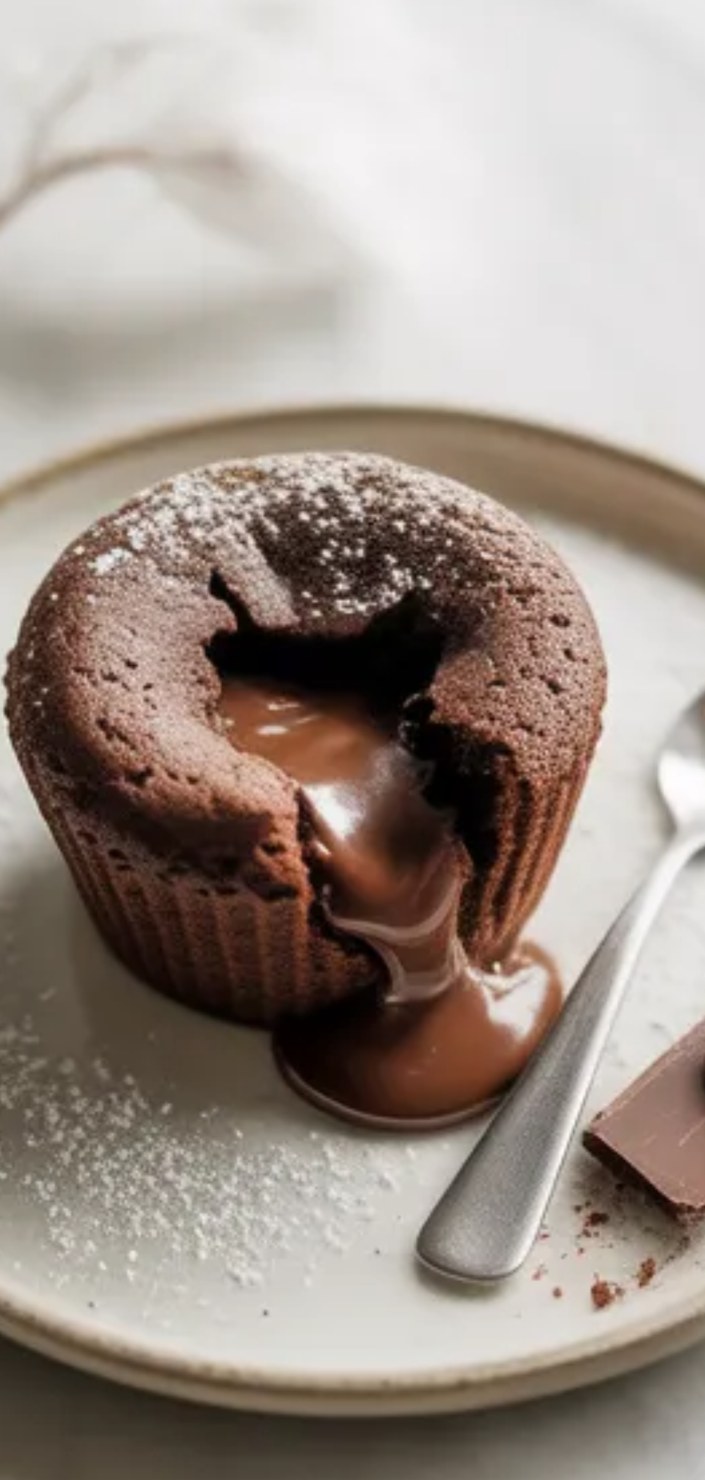 Gooey chocolate lava cake served warm with a soft cracked top and molten chocolate filling, styled like food photography