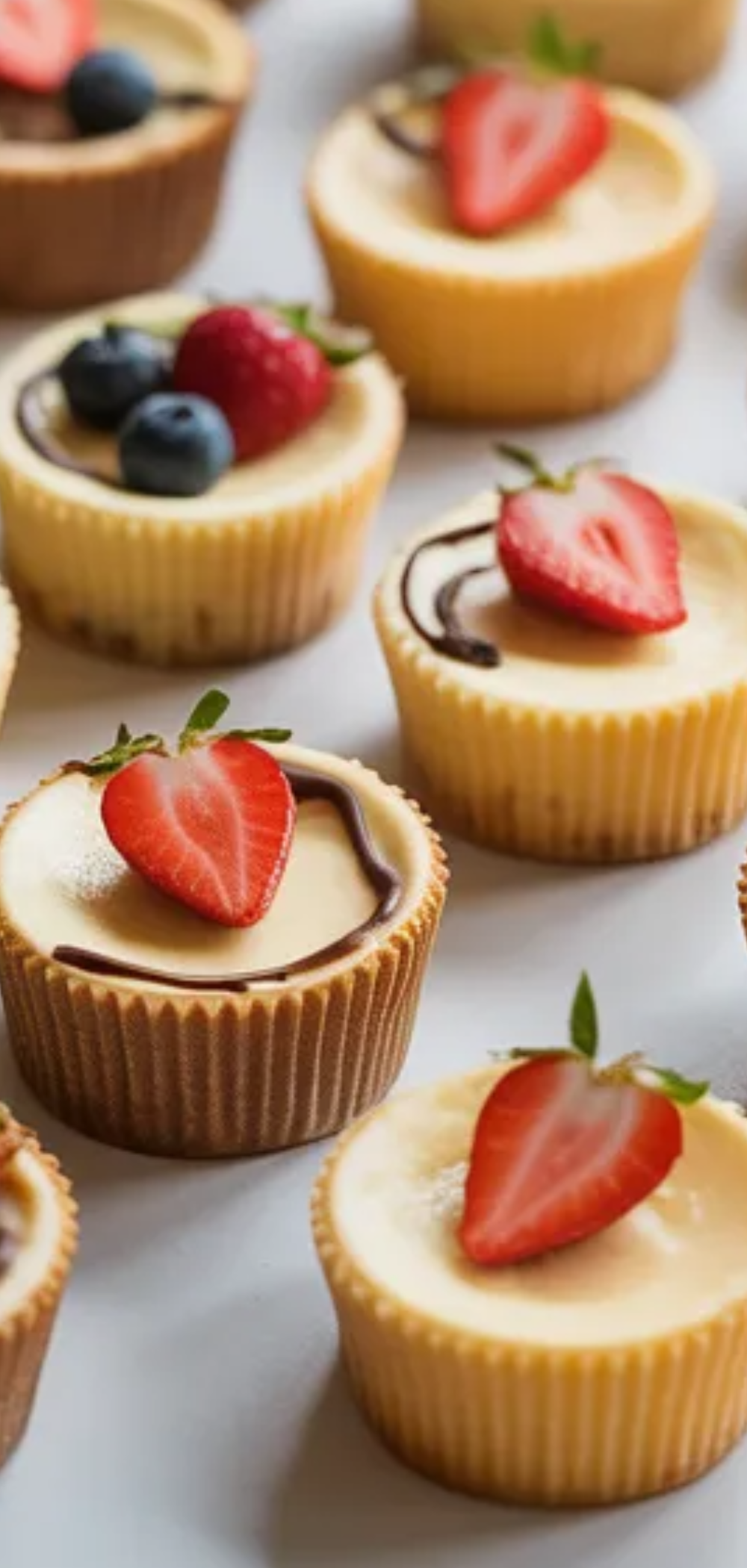Bite-sized cheesecake desserts with chocolate drizzle and fruit topping, styled on a simple white surface with natural light and soft shadows

