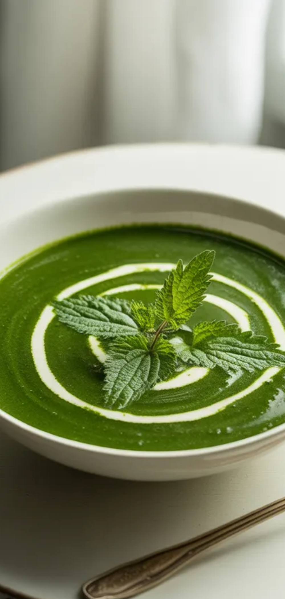 Healthy homemade nettle soup in a white bowl with smooth texture and fresh green garnish on a clean background