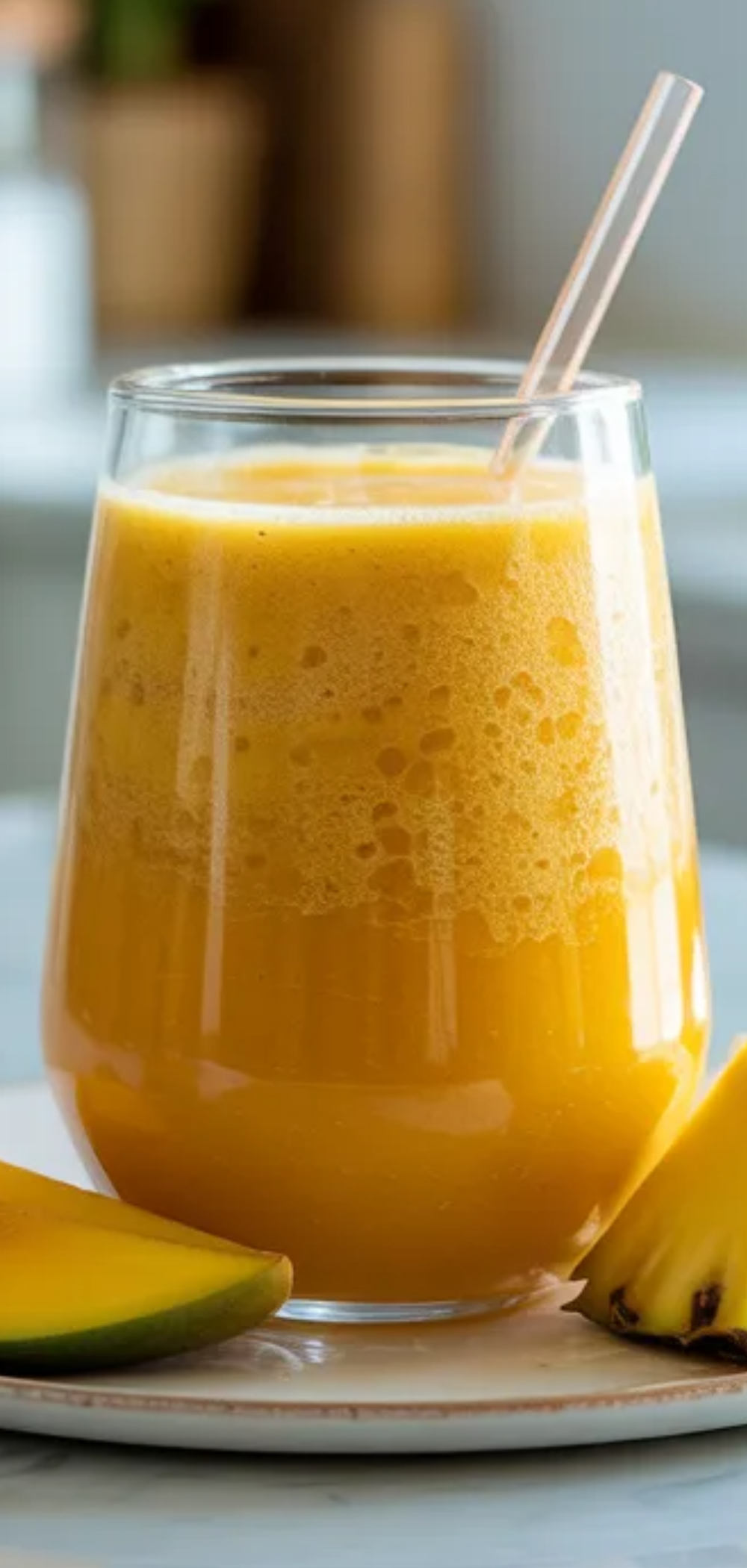 A high-quality food blog image of a mango pineapple smoothie served in a glass with a straw, surrounded by fresh fruit on a white background, with large centered text highlighting the recipe name.