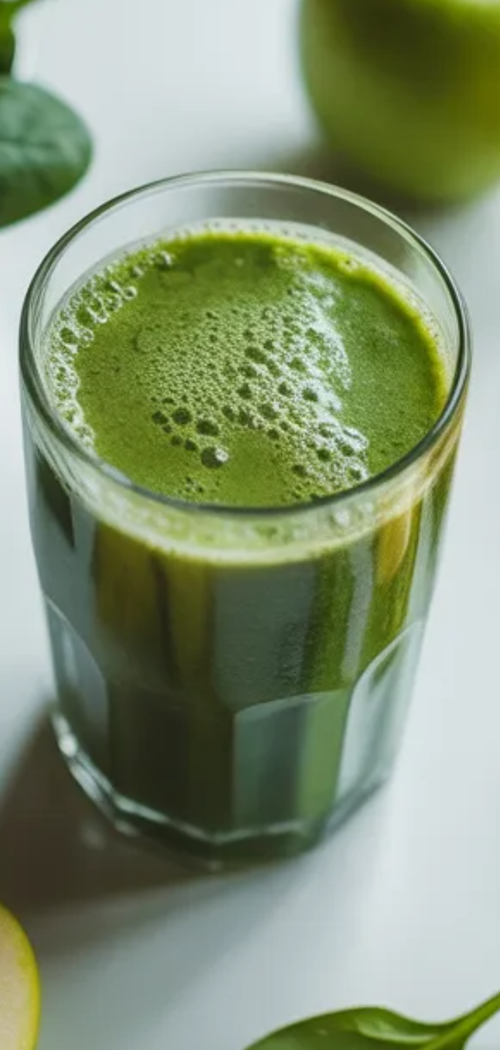 Healthy green smoothie in a glass cup placed on a clean white surface with natural light and fresh ingredients