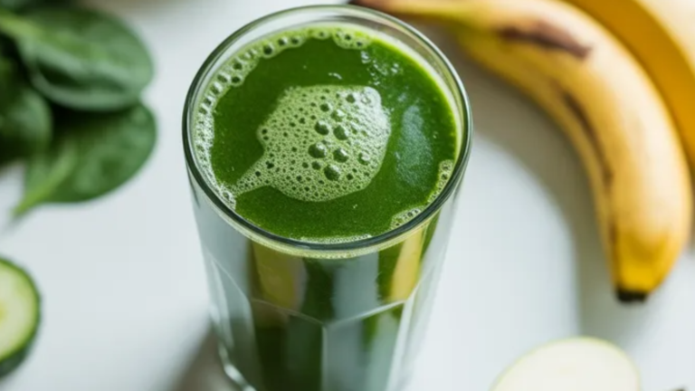 Fresh green detox smoothie in a clear glass on a white table with spinach leaves and sliced apple