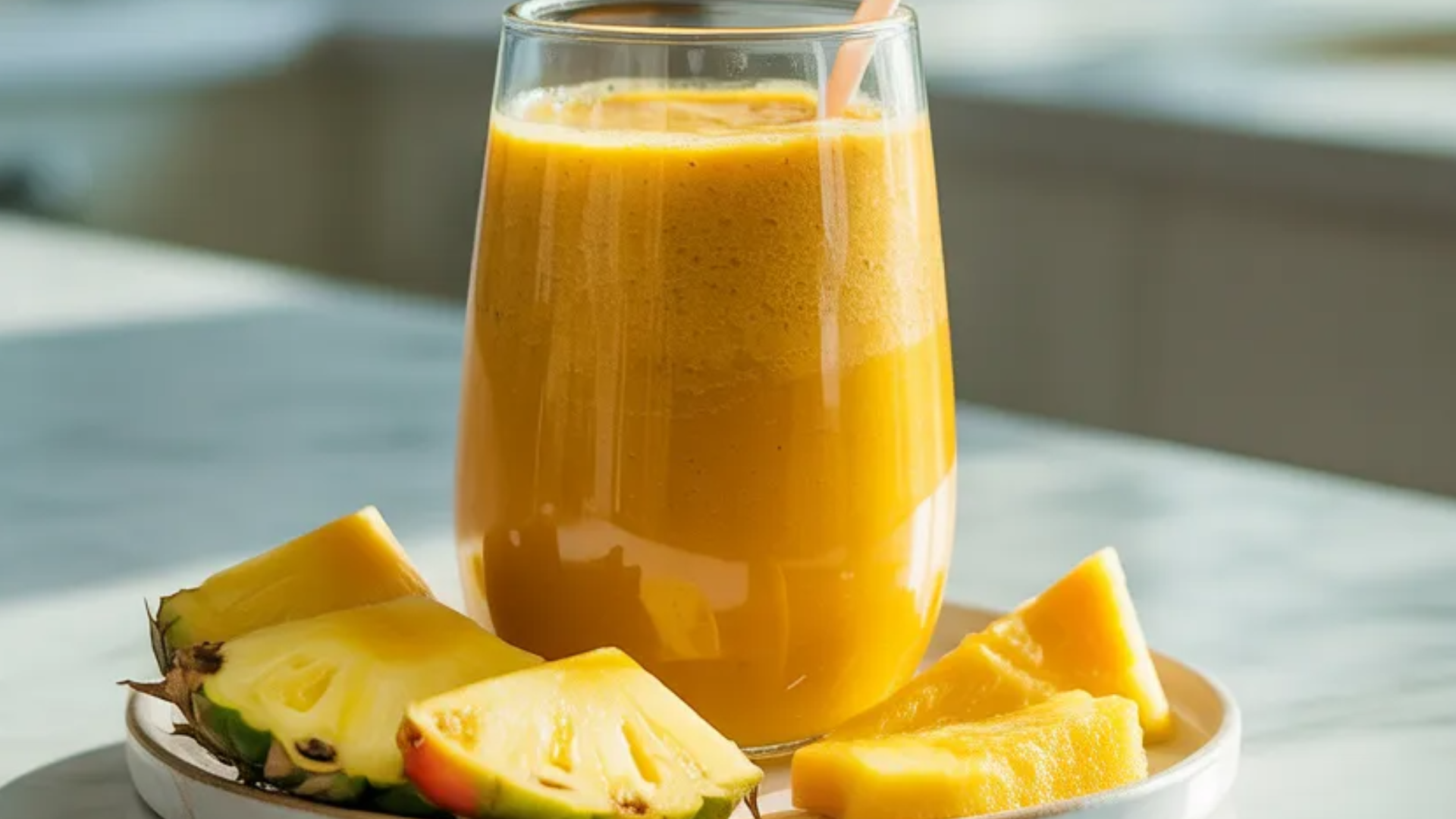 A tropical smoothie recipe pin featuring a creamy yellow mango pineapple drink in a clear glass, styled on a clean white table with fruit decorations and soft natural lighting, with recipe title text in the middle.